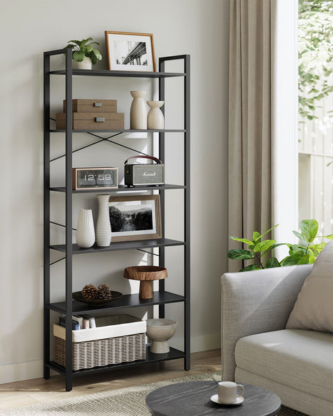 Rootz 6 Tier Bookshelf - Ebony Black-Ink Black - Chipboard Steel - Spacious Storage - Sturdy Construction - Easy Assembly - 30cm x 80cm x 186cm
