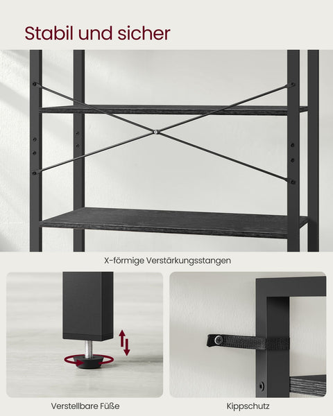 Rootz 6 Tier Bookshelf - Ebony Black-Ink Black - Chipboard Steel - Spacious Storage - Sturdy Construction - Easy Assembly - 30cm x 80cm x 186cm