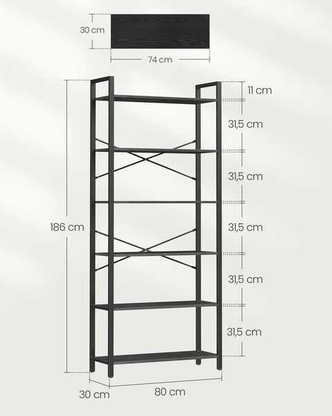 Rootz 6 Tier Bookshelf - Ebony Black-Ink Black - Chipboard Steel - Spacious Storage - Sturdy Construction - Easy Assembly - 30cm x 80cm x 186cm