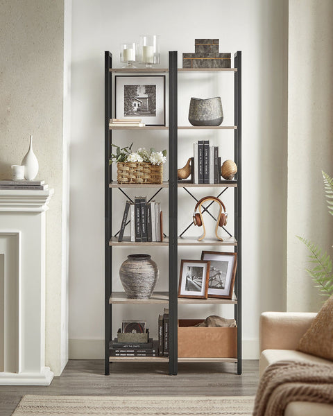 Rootz Bookshelf - Storage Rack - Organizer - Chipboard and Steel - Greige Black - 30cm x 40cm x 187.5cm - Lightweight - Sturdy - Easy Assembly