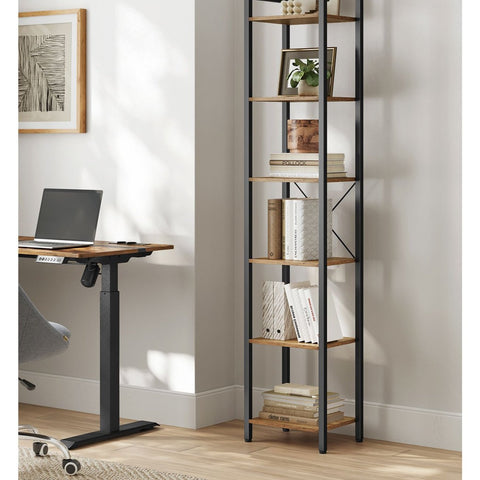 Rootz Bookshelf Dark Walnut Black - Tall Bookcase - Library Shelf - Chipboard Steel - 30cm x 40cm x 187.5cm - Static Load 50kg