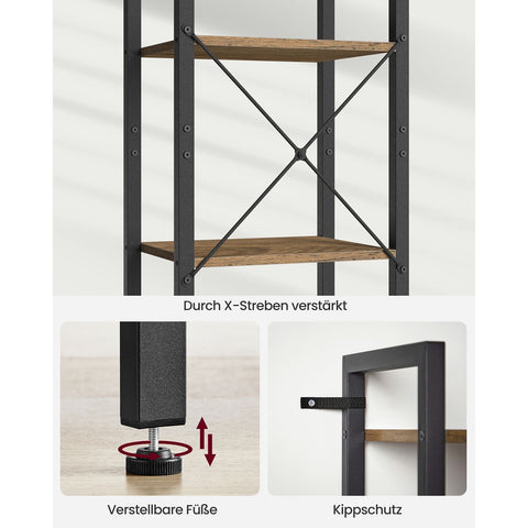 Rootz Bookshelf Dark Walnut Black - Tall Bookcase - Library Shelf - Chipboard Steel - 30cm x 40cm x 187.5cm - Static Load 50kg