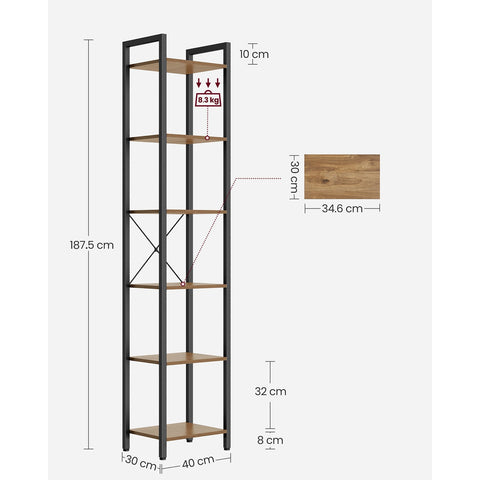 Rootz Bookshelf Dark Walnut Black - Tall Bookcase - Library Shelf - Chipboard Steel - 30cm x 40cm x 187.5cm - Static Load 50kg