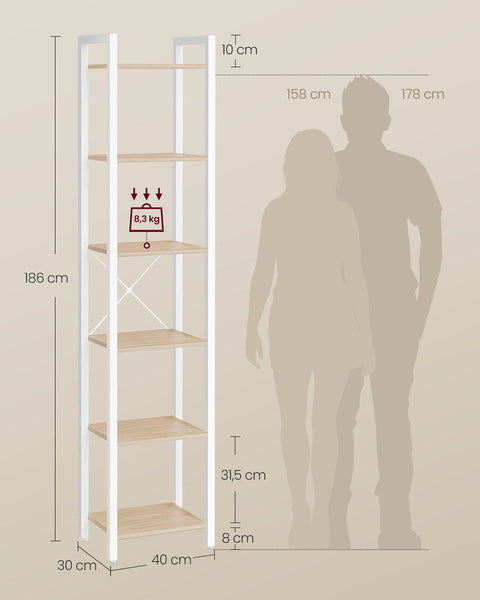 Rootz 6 Level Shelf - Bookcase - Storage Unit - Brown, White - 30cm x 40cm x 187.5cm