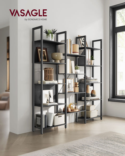 Rootz Bookshelf - Ebony Black-Ink Black - Chipboard Steel - Large Storage - Sturdy Construction - Easy Assembly - 24cm x 158cm x 166cm