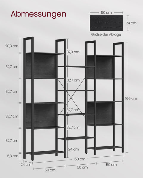 Rootz Bookshelf - Ebony Black-Ink Black - Chipboard Steel - Large Storage - Sturdy Construction - Easy Assembly - 24cm x 158cm x 166cm