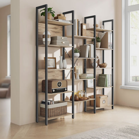 Rootz Bookshelf - Storage Rack - Chipboard Steel - Large Capacity - Easy Assembly - Camel Brown Ink Black - 24cm x 158cm x 166cm