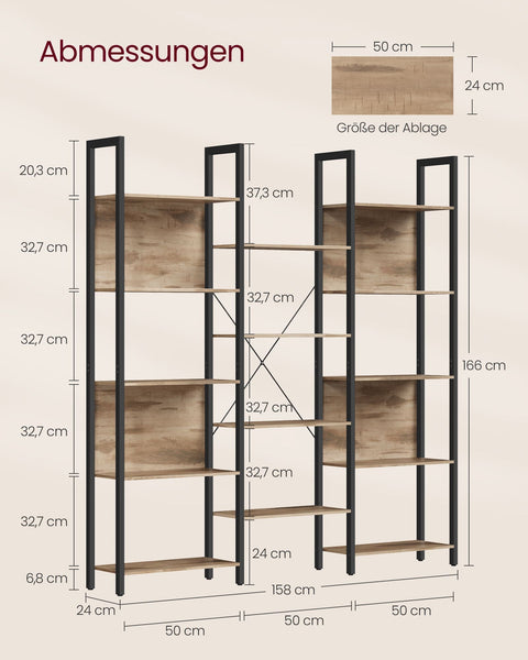 Rootz Bookshelf - Storage Rack - Chipboard Steel - Large Capacity - Easy Assembly - Camel Brown Ink Black - 24cm x 158cm x 166cm