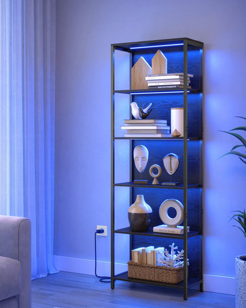 Rootz 6 Tier Bookcase with Lights - Display Shelf - Storage Organizer - Steel & Chipboard - Ebony Black - 30.3cm x 60cm x 178.6cm