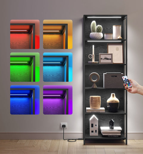 Rootz 6 Tier Bookcase with Lights - Display Shelf - Storage Organizer - Steel & Chipboard - Ebony Black - 30.3cm x 60cm x 178.6cm