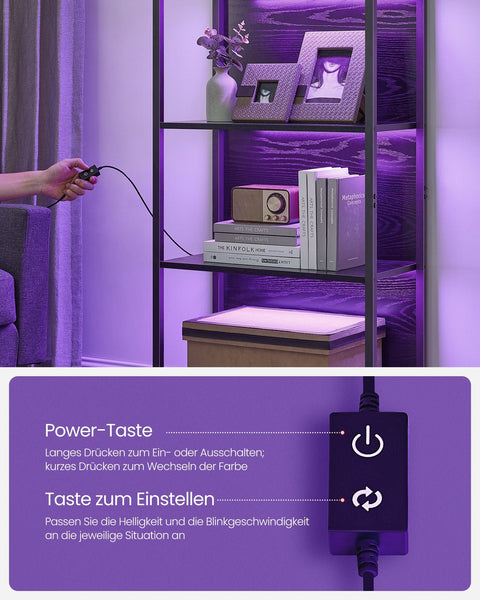 Rootz 6 Tier Bookcase with Lights - Display Shelf - Storage Organizer - Steel & Chipboard - Ebony Black - 30.3cm x 60cm x 178.6cm