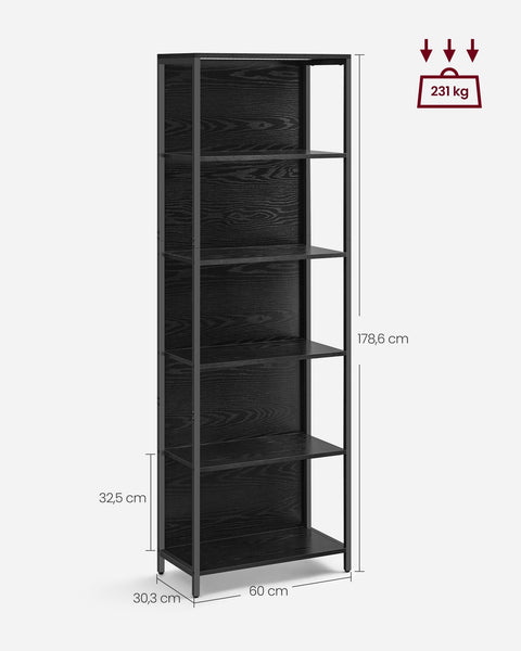 Rootz 6 Tier Bookcase with Lights - Display Shelf - Storage Organizer - Steel & Chipboard - Ebony Black - 30.3cm x 60cm x 178.6cm