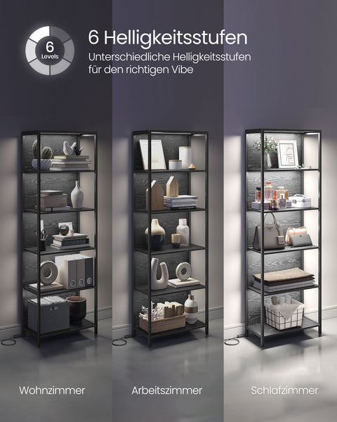 Rootz 6 Tier Bookshelf - Ebony Black - Steel Chipboard - Large Storage - 30.3cm x 60cm x 178.6cm - 231kg Capacity