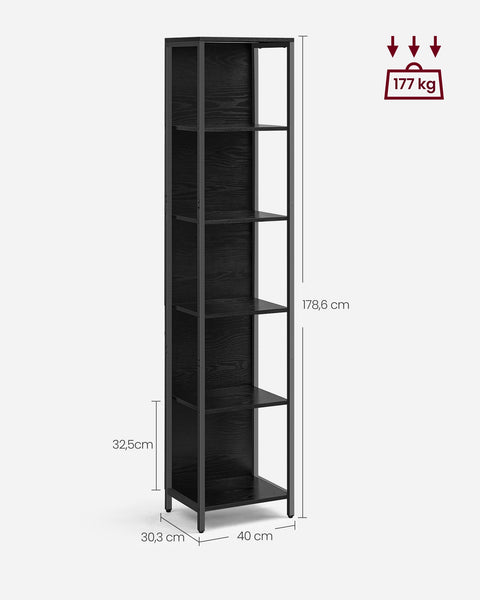 Rootz 6 Tier Bookshelf - Bookcase - Tall Shelf - Steel and Chipboard - 30.3cm x 40cm x 178.6cm - Ebony Black - Max Load 177kg