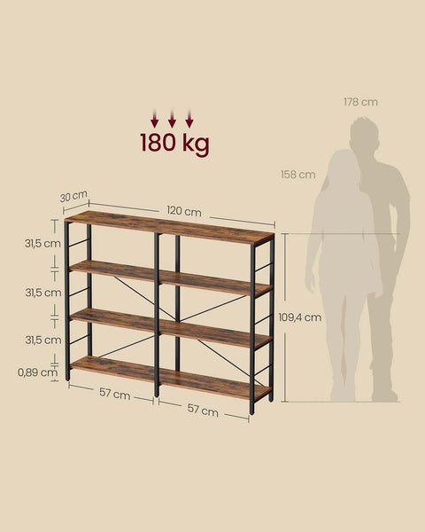 Rootz Wooden Bookshelf - Bookcase - Storage Shelf - Durable Chipboard & Steel - 120cm x 109.4cm x 30cm