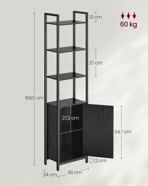 Rootz Bookcase with 24 x 40 x 159.5 cm - Ebony Black - Ink Black - Stylish Storage - 11.6 Kilograms