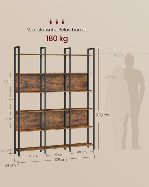 Rootz Bookshelf - Brown-Black - Wooden Shelving Unit - Stylish Storage - 10kg Capacity Per Shelf - 24 x 128 x 187.1cm