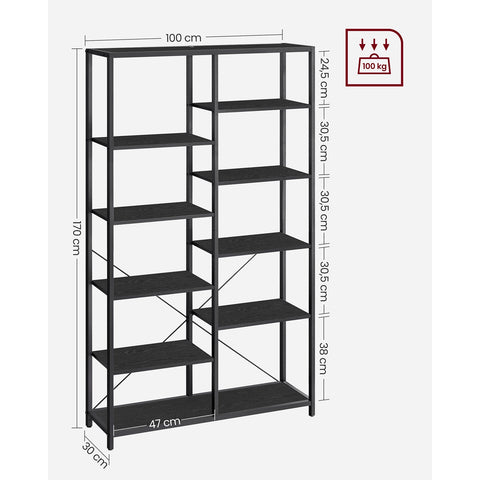 Rootz Black Wood Look Book Shelf - Storage Rack - Chipboard - Steel Frame - 30cm x 100cm x 170cm - 25kg Weight Capacity - Easy Assembly