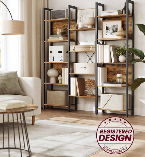 Rootz Brown _Black Bookshelf - Wooden Chipboard - Steel - Sturdy Storage - 24 x 128 x 166 cm