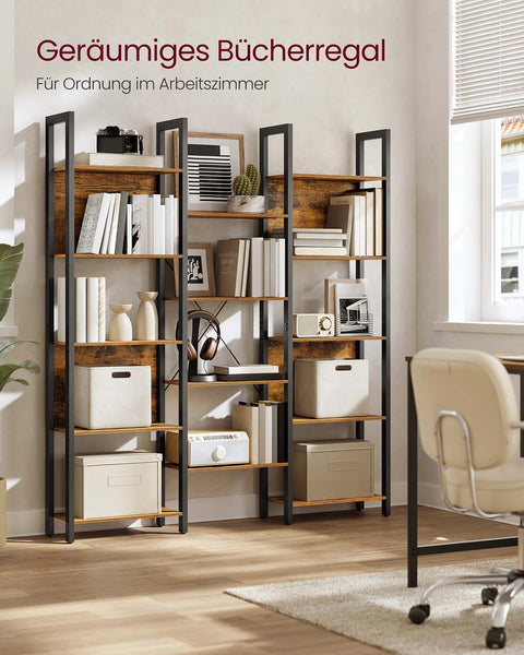 Rootz Brown _Black Bookshelf - Wooden Chipboard - Steel - Sturdy Storage - 24 x 128 x 166 cm