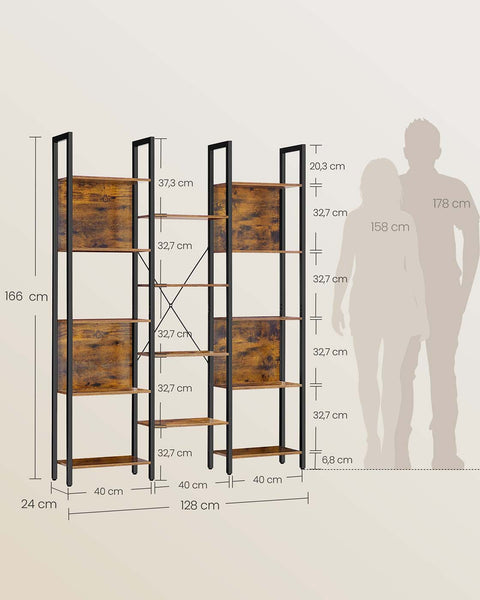 Rootz Brown _Black Bookshelf - Wooden Chipboard - Steel - Sturdy Storage - 24 x 128 x 166 cm