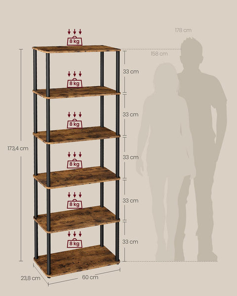 Rootz 6-Level Shelf Unit - Bookcase - Storage Unit - Durable and Stable - 23.8cm x 60cm x 173.4cm