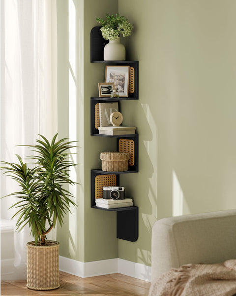 Rootz Corner Shelf - Floating Shelf - Wall Mounted Shelf - Chipboard, PVC Plastic - 20cm x 20cm x 126cm - Ash Black - Lightweight - 3.2kg