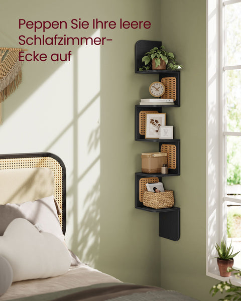 Rootz Corner Shelf - Floating Shelf - Wall Mounted Shelf - Chipboard, PVC Plastic - 20cm x 20cm x 126cm - Ash Black - Lightweight - 3.2kg