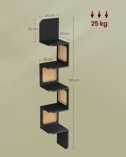 Rootz Corner Shelf - Floating Shelf - Wall Mounted Shelf - Chipboard, PVC Plastic - 20cm x 20cm x 126cm - Ash Black - Lightweight - 3.2kg