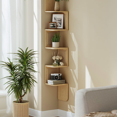Rootz Corner Shelf - Oak Beige - Chipboard - PVC Plastic - Space-saving - Easy Assembly - Stylish Design - 20cm x 20cm x 126cm