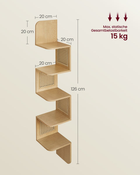 Rootz Corner Shelf - Oak Beige - Chipboard - PVC Plastic - Space-saving - Easy Assembly - Stylish Design - 20cm x 20cm x 126cm