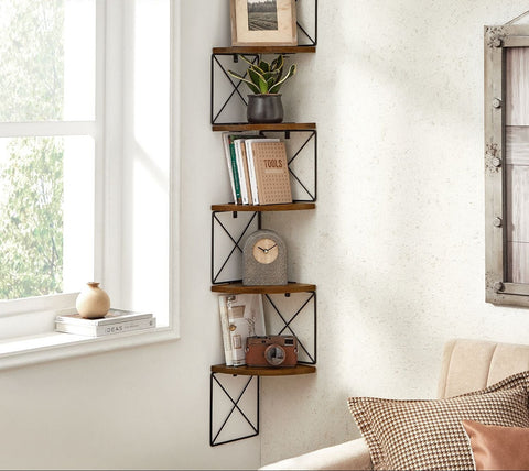 Rootz 5-Tier Corner Shelf - Wall Mounted Unit - Space-Saving Organizer - Durable Chipboard & Steel - 20cm x 20cm x 127.5cm