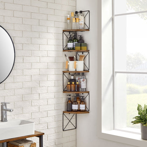 Rootz 5-Tier Corner Shelf - Wall Mounted Unit - Space-Saving Organizer - Durable Chipboard & Steel - 20cm x 20cm x 127.5cm