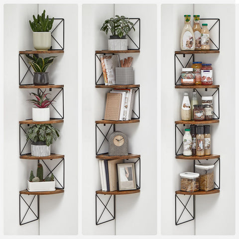 Rootz 5-Tier Corner Shelf - Wall Mounted Unit - Space-Saving Organizer - Durable Chipboard & Steel - 20cm x 20cm x 127.5cm
