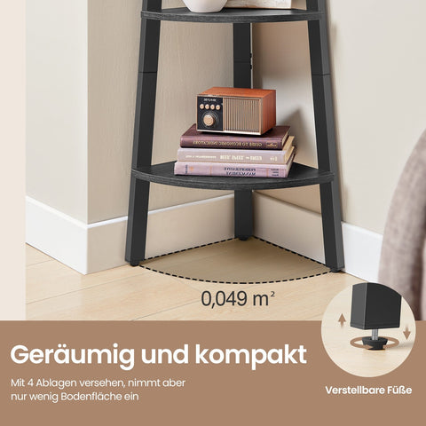 Rootz Corner Shelf Bookshelf - 4 Level Conductor Shelf - Grey-Black Wooden Chipboard Steel - Space Saver - 33.4 x 33.4 x 125 cm
