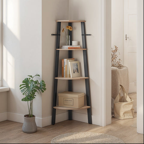 Rootz Corner Shelf Bookshelf - Conductor Shelf - 4 Levels - Wooden Chipboard - Space Saver - 34 x 34 x 125 cm