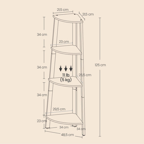 Rootz Corner Shelf Bookshelf - Conductor Shelf - 4 Levels - Wooden Chipboard - Space Saver - 34 x 34 x 125 cm