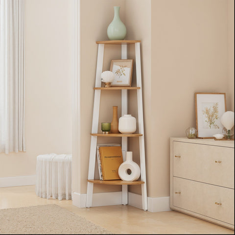 Rootz 4 Level Corner Shelf - Bookshelf - Conductor Shelf - Space-Saving Design - 33.4 x 33.4 x 125 cm