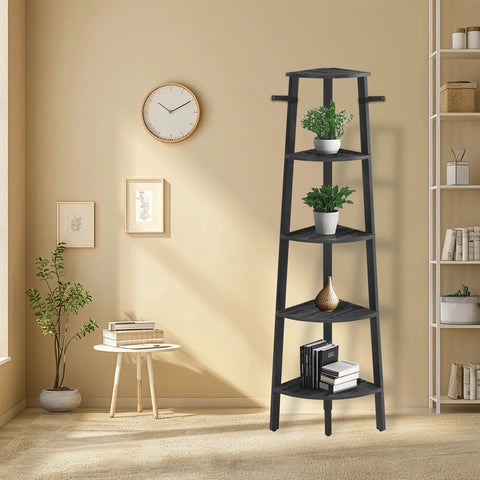 Rootz 5 Level Corner Shelf - Bookshelf - Conductor Shelf - Space-Saving Design - 37.2 x 37.2 x 159 cm - Anthracite Gray-Matt Black