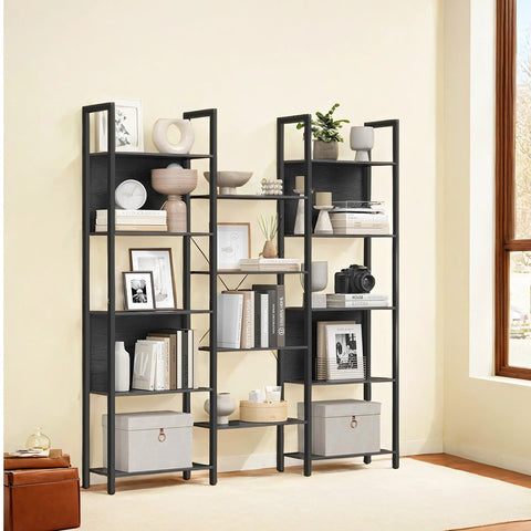 Rootz Black Book Shelf - Wooden Storage Unit - Steel Frame - Durable and Spacious - 24 x 158 x 166 cm