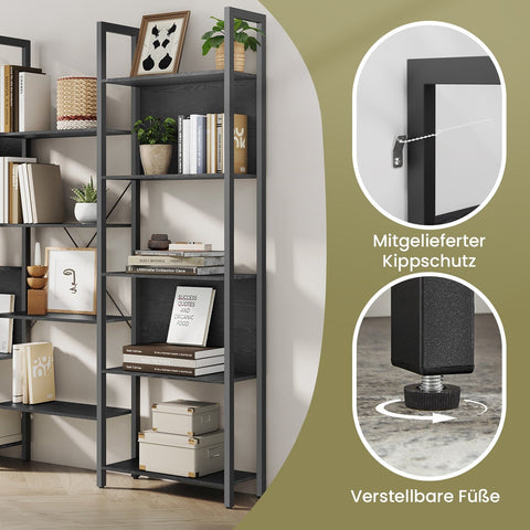 Rootz Black Book Shelf - Wooden Storage Unit - Steel Frame - Durable and Spacious - 24 x 158 x 166 cm