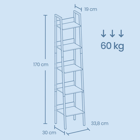 Rootz 5-Level Narrow Bookcase - Head Shelf - Compact Bookshelf - Max 50kg Capacity - 30cm x 33.8cm x 170cm