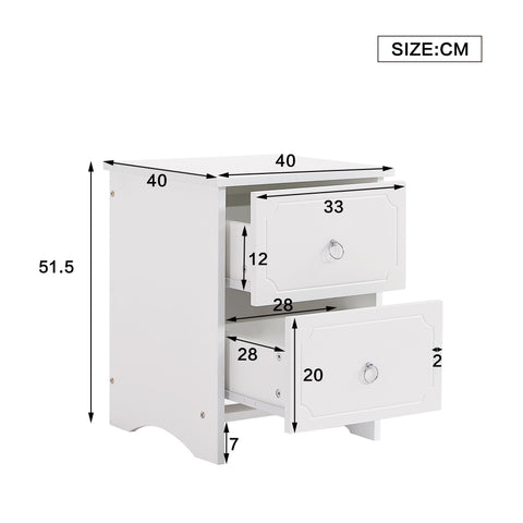 Rootz Bedside Table with 2 Drawers - Nightstand - Side Table - Silent Glides - 40×40×51.5 cm, White