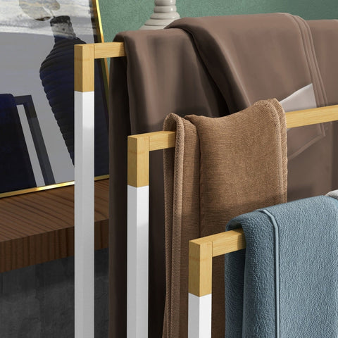 Rootz Kleankin 3-Piece Towel Rack Set - Towel Rails - Bathroom Organizer - Industrial Design - Bamboo & Steel - 45 x 22.5 x 86 cm - White + Natural