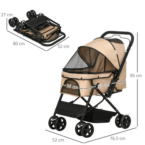 Rootz Folding Dog Buggy - Pet Stroller - 1 Basket - 2 Brakes - Including Safety Leash - Light Brown - 76.5cm x 52cm x 95cm