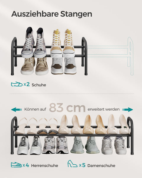 Rootz Schoenenrek Organizer - Zwarte Schoenenstandaard - Stalen Schoenenopberger - Compact Ontwerp - Eenvoudige Montage - 23cm x 58cm x 25cm - Uitschuifbaar tot 83cm - Lichtgewicht - Houdt tot 7,5kg