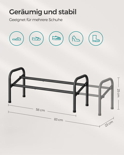 Rootz Schoenenrek Organizer - Zwarte Schoenenstandaard - Stalen Schoenenopberger - Compact Ontwerp - Eenvoudige Montage - 23cm x 58cm x 25cm - Uitschuifbaar tot 83cm - Lichtgewicht - Houdt tot 7,5kg