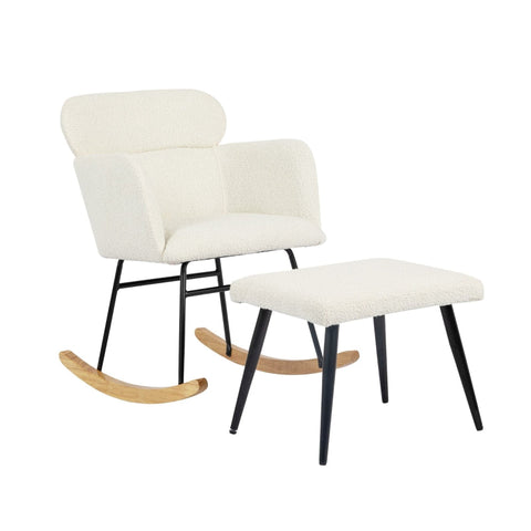 Rootz Elegant White Rocking Chair Set - Glider Chair - Lounge Chair - Ultimate Comfort - 61L x 72.5W x 82H cm - Footstool 52L x 41W x 40H cm