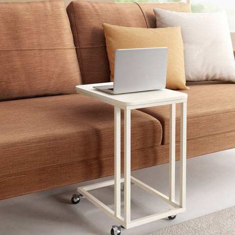 Rootz Cream White Side Table - End Table - Nightstand - Chipboard Steel - Adjustable Feet - Wheels - Lightweight - 35cm x 50cm x 60cm