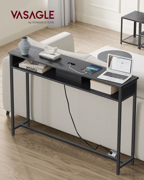 Rootz Moderne bijzettafel met stekkerdoos - Antracietgrijs-Inktzwart - Spaanplaatstaal - 100 kg capaciteit - 25 cm x 120 cm x 81,1 cm